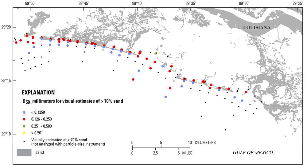 Map showing locations and grain sizes of surficial-sediment samples