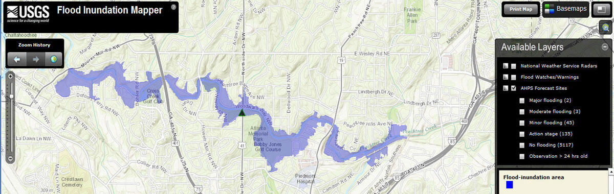 Map showing flood coverage of Peachtree Creek, Atlanta, Georgia, at a height of 24 feet.