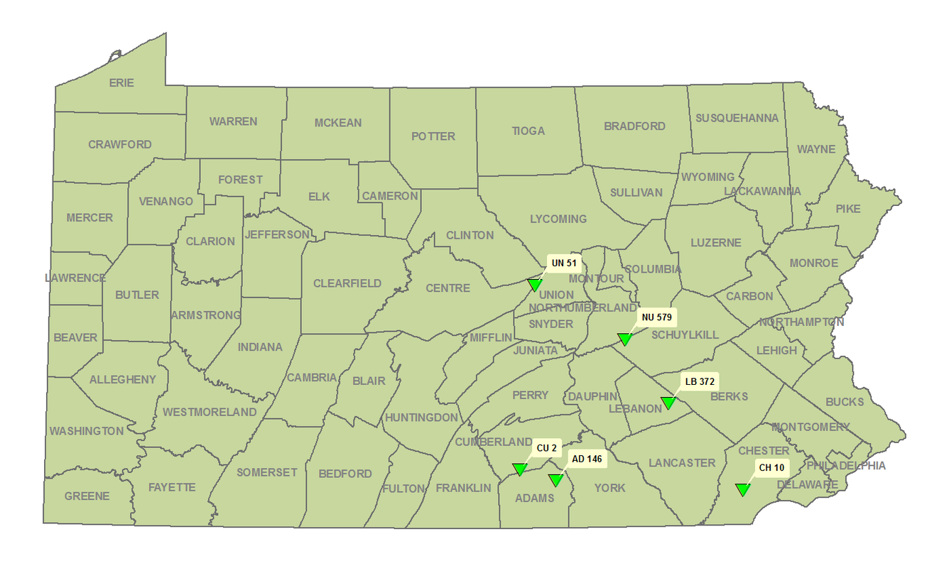 A county map of Pennsylvania showing six well sites of the Local Trip in the Groundwater Quality Monitoring Network.