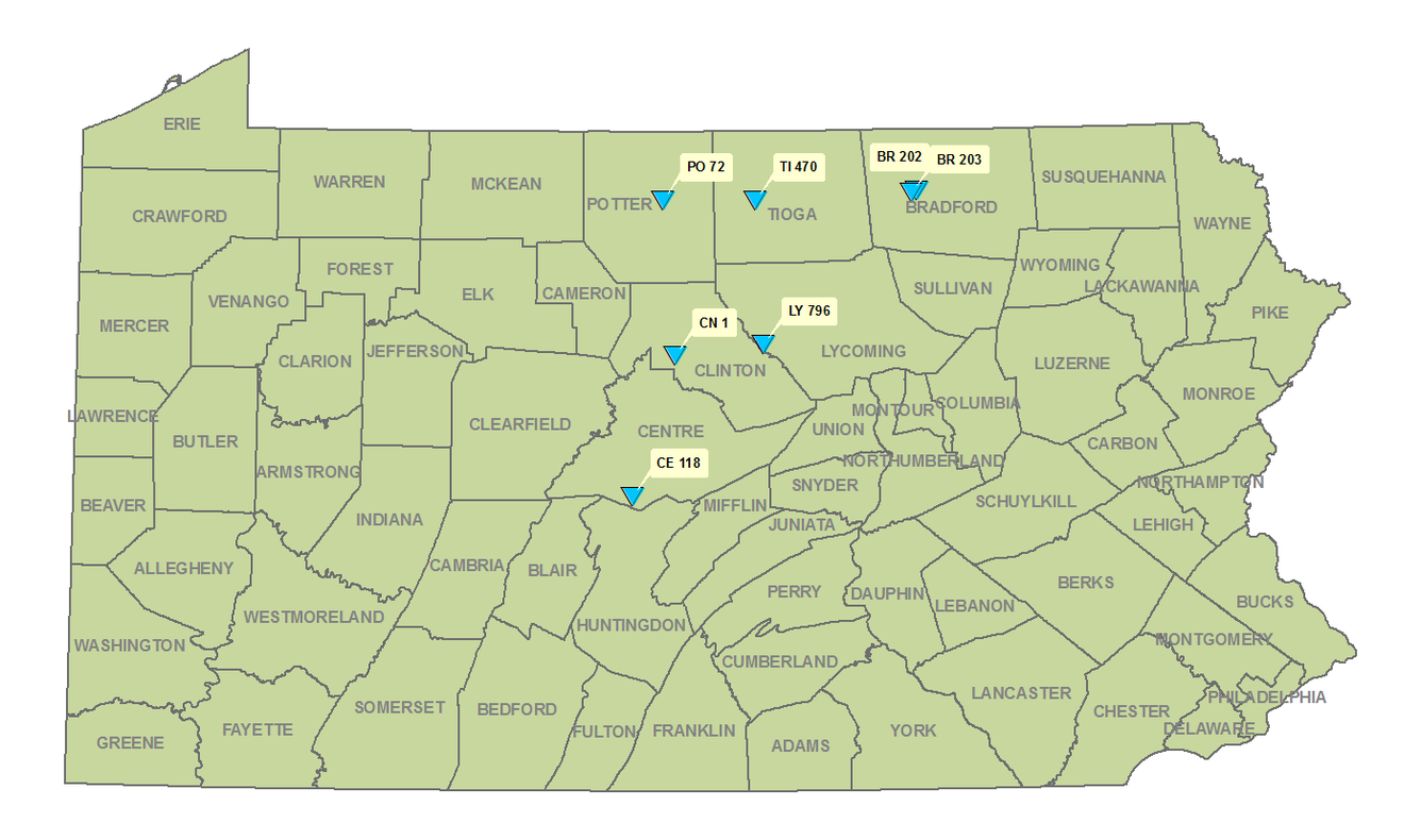 A county map of Pennsylvania showing seven well sites of the North Trip in the Groundwater Quality Monitoring Network.