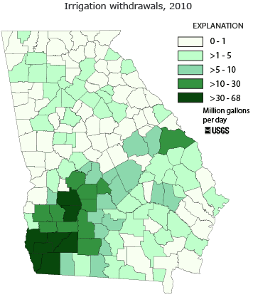 Irrigation water use by county, Georgia, 2010.