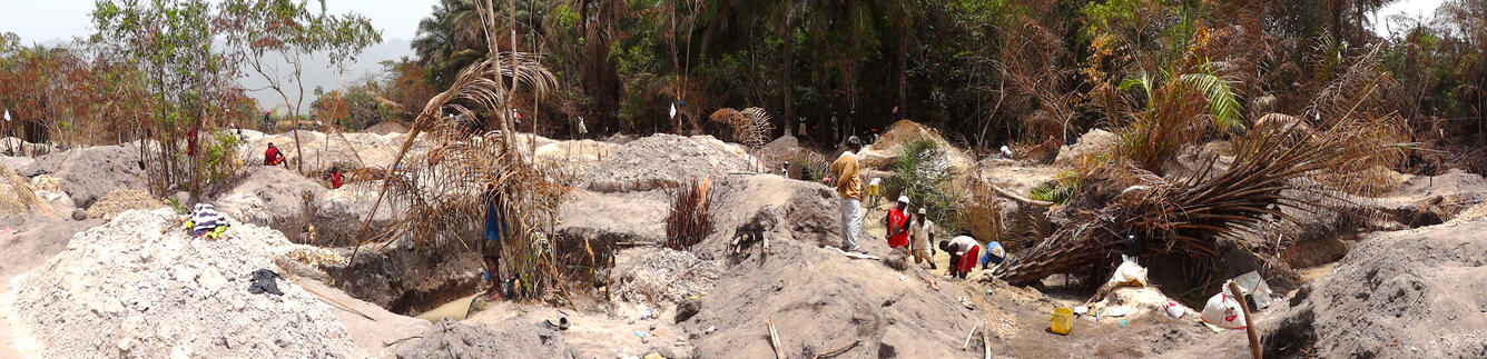A newly discovered artisanal mine site in the tropical floodplain of the Bofon River near Banyama, Guinea.