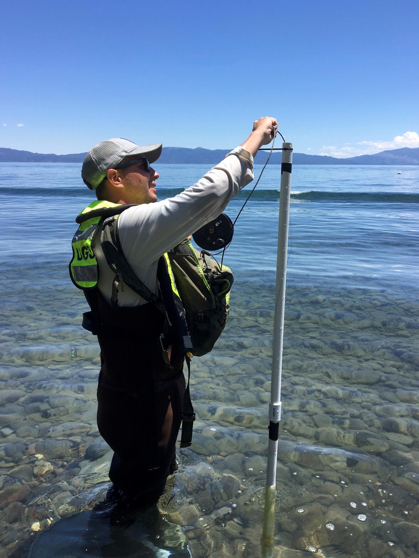 USGS employee collects data for the Lake Tahoe Nearshore Nutrient Source Identification Project.