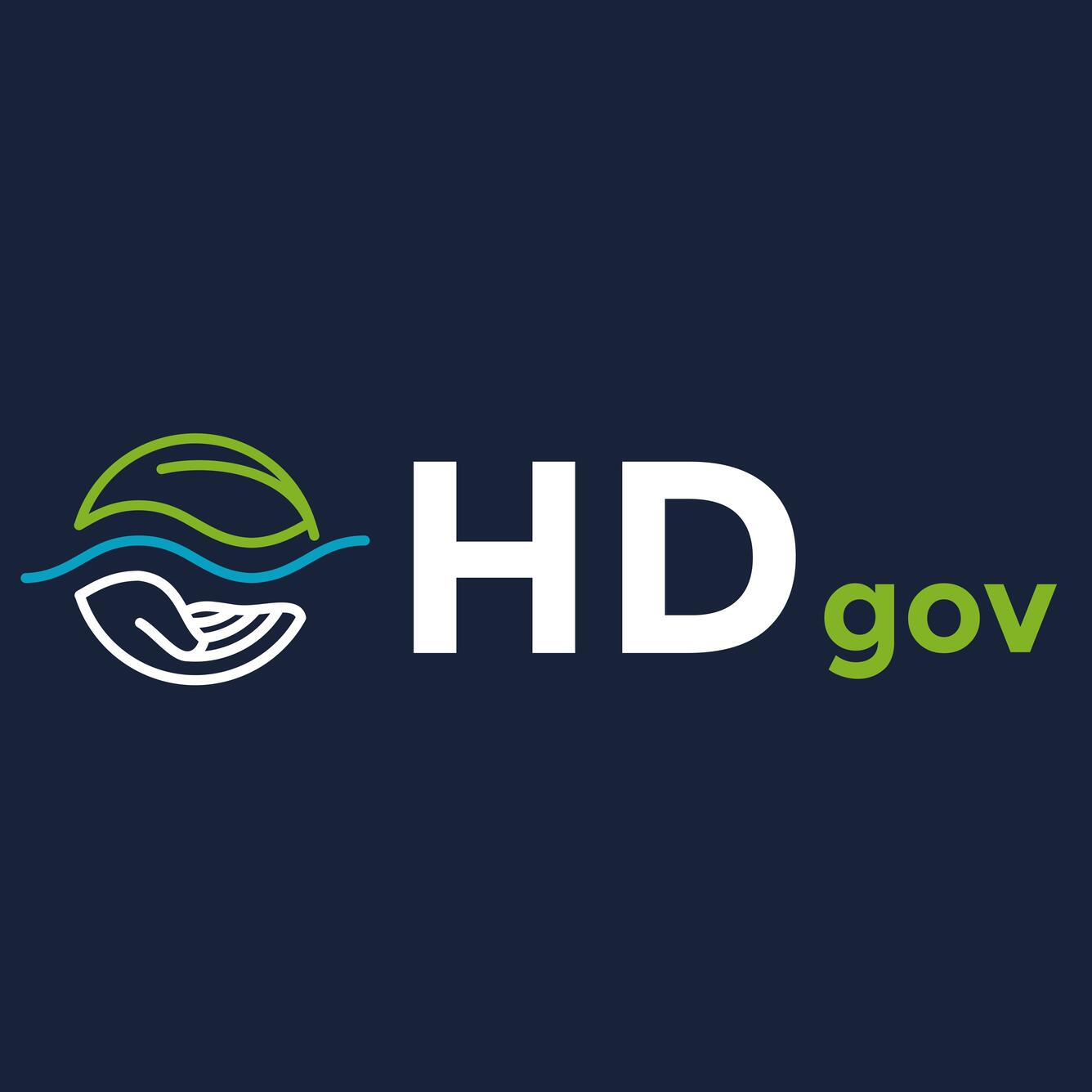 Dark Blue background with white text that says "HD gov", next to an image of a leaf and hand