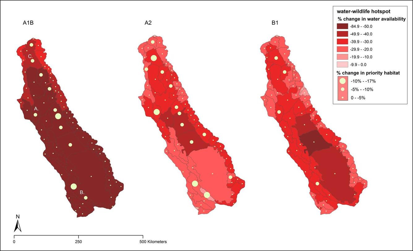 side-by-side maps showing change in wildlife-water change in california