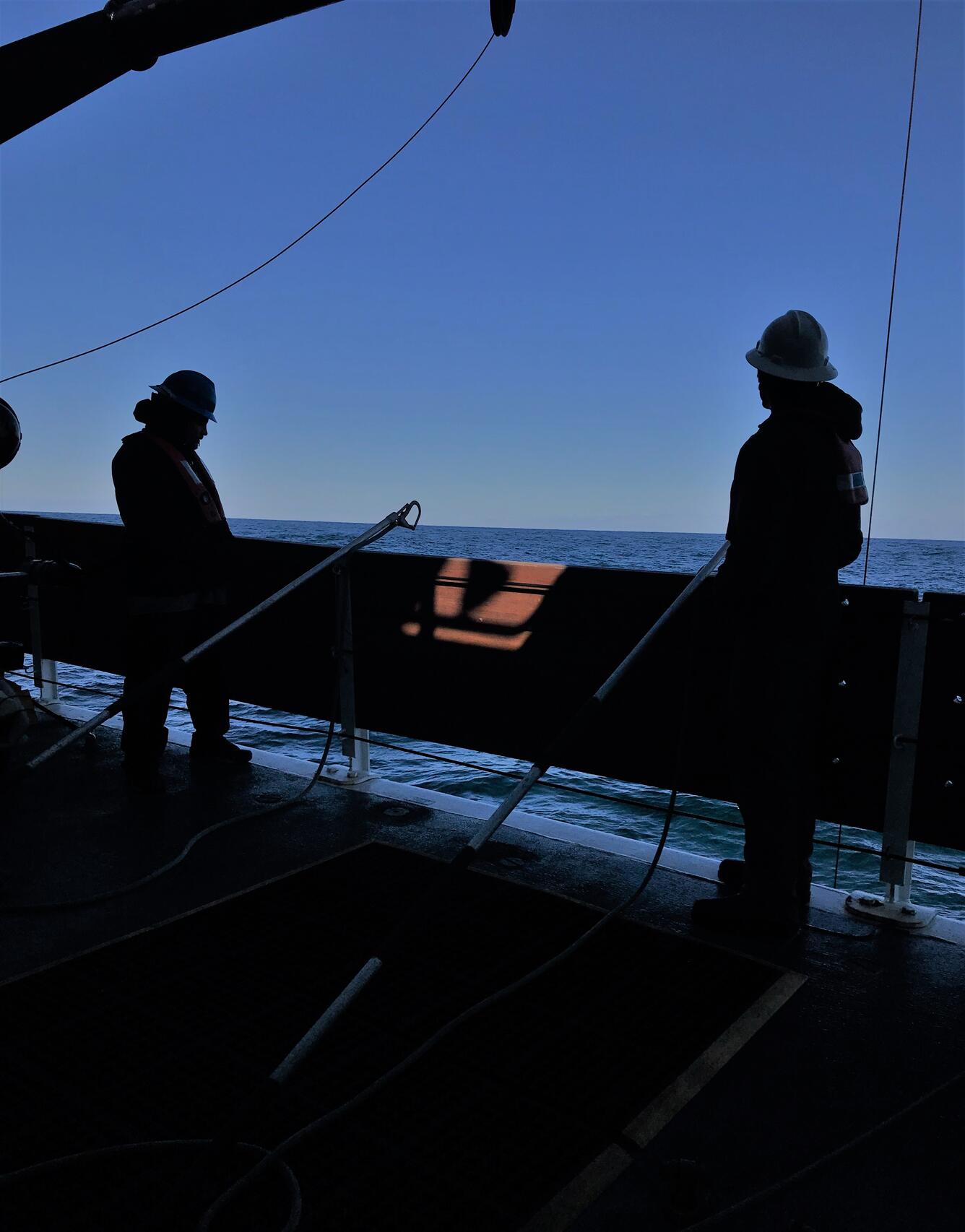 Scientists and crew wait to recover the CTD aboard the NOAA Ship Reuben Lasker
