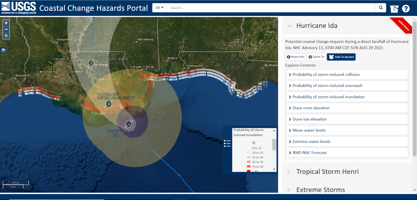 Screen shot from the Coastal Change Hazards Portal of Hurricane Ida as it approaches Louisiana on the U.S. northern Gulf coast.