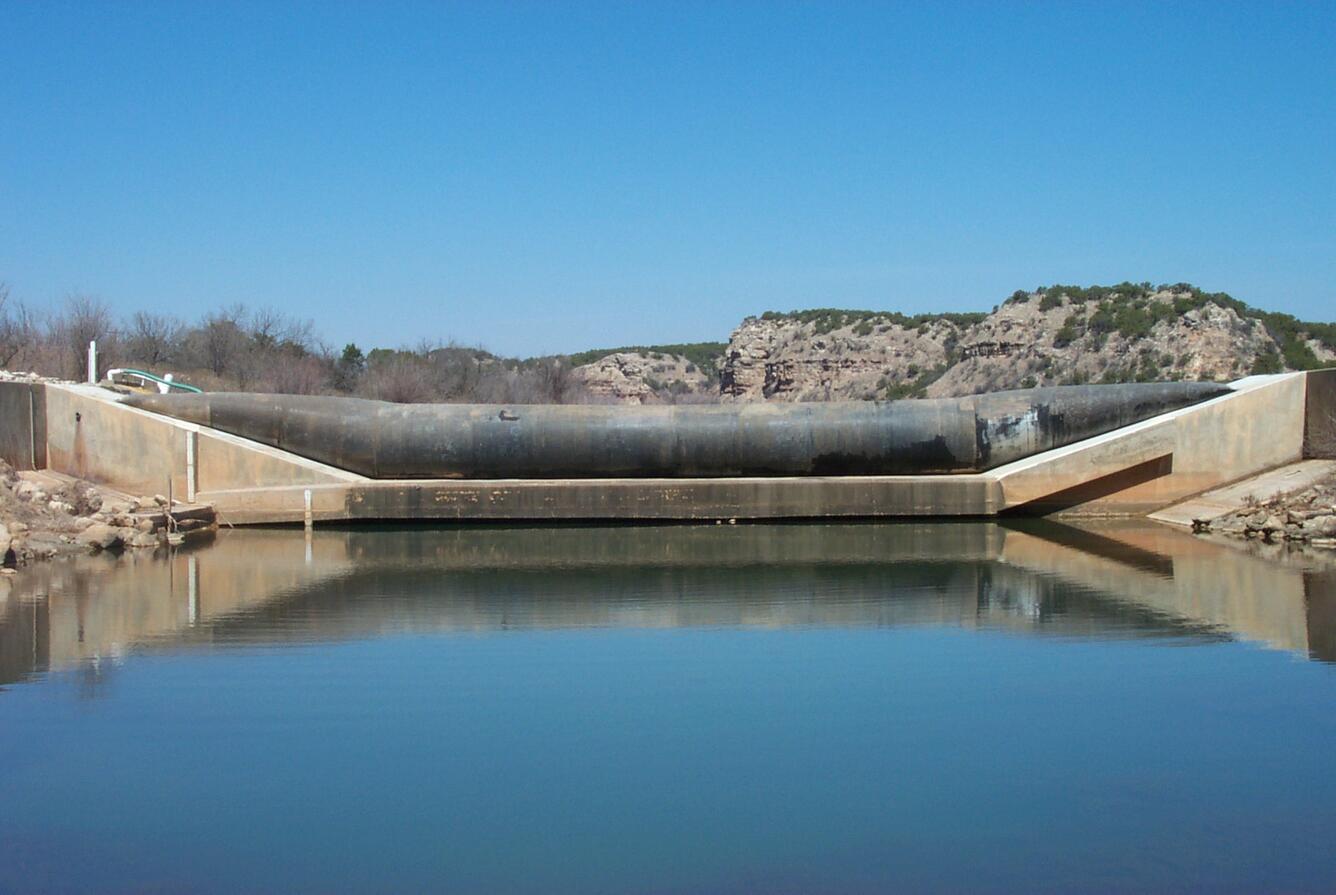 Inflated low-flow collection dam South Wichita River near Guthrie, Texas.