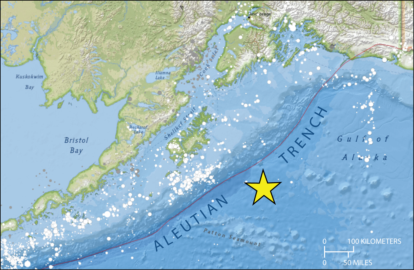 Map of Alaska and the surrounding ocean with the terrain and ocean floor in relief, star shows earthquake epicenter.