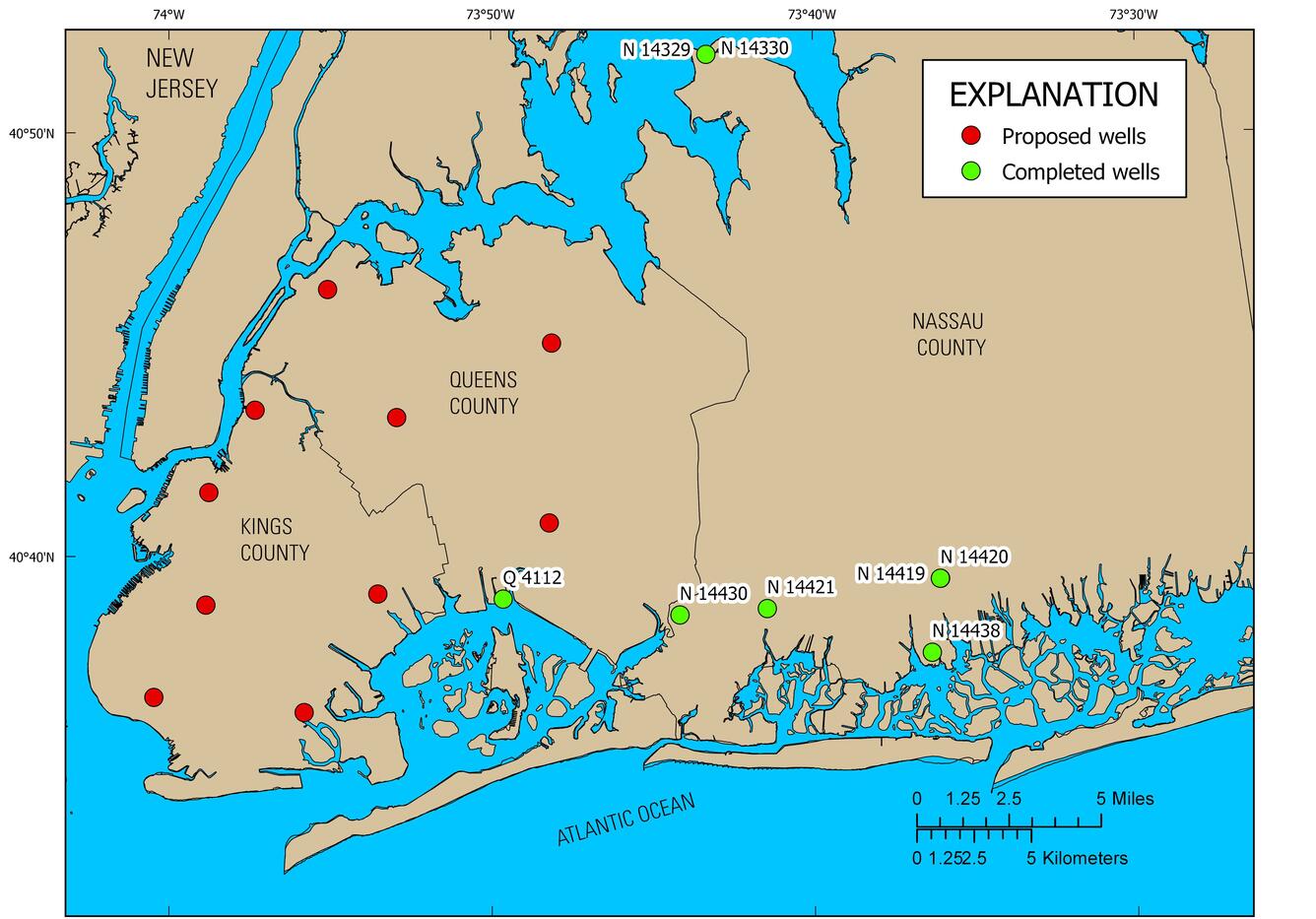 map of Long Island with red and green dots for wells