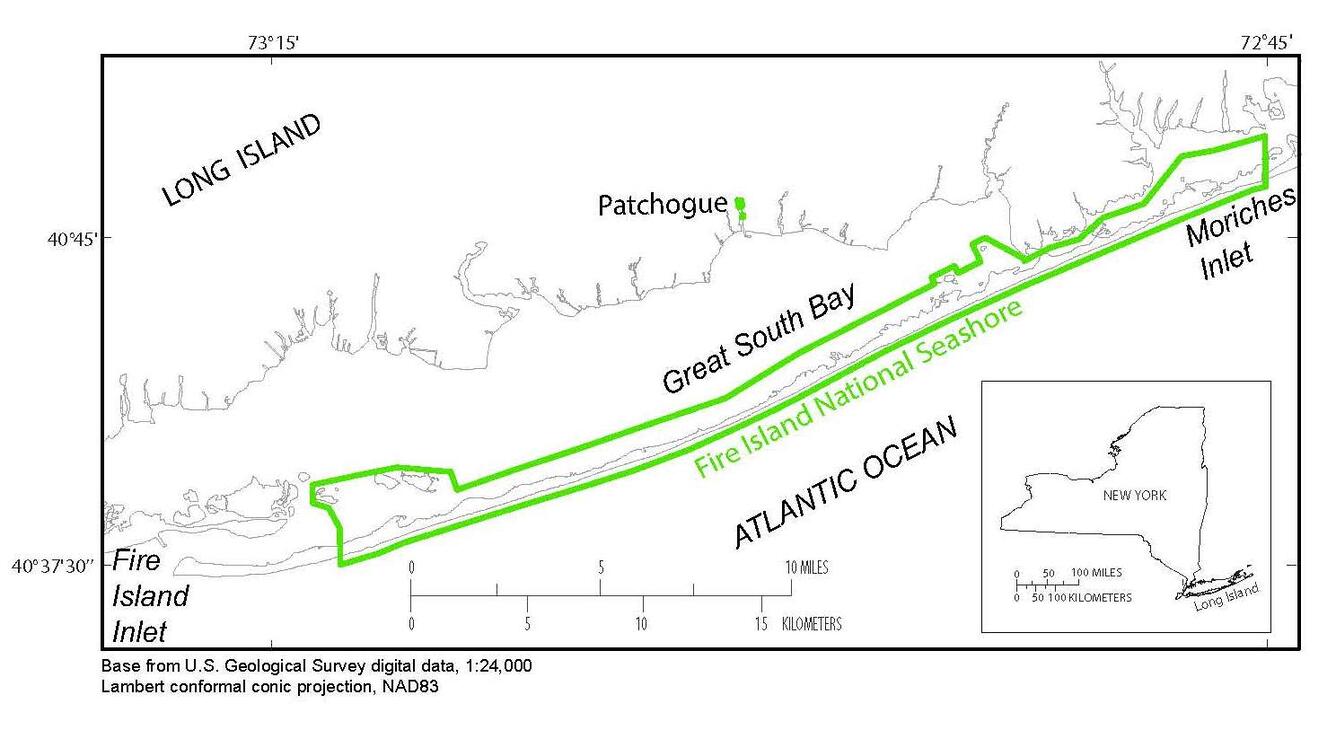 map of Great South Bay of Long Island with Fire Island outlined in green