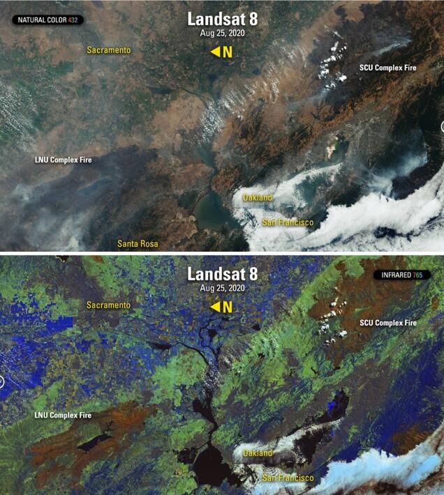 Landsat images of the LNU Complex fires, August 25, 2020