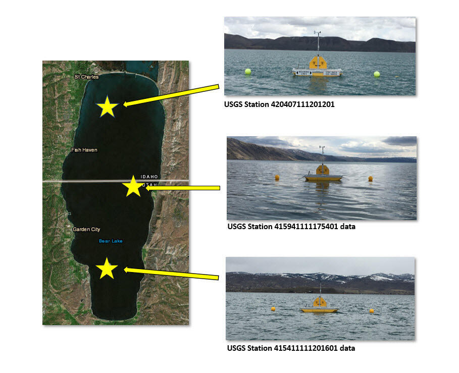 Aerial view of locations of Bear Lake water-quality platforms with individual photos of each at water level.