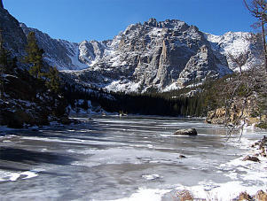 A frozen Loch Vale lake in Rocky Mountain National Park, CO.  
