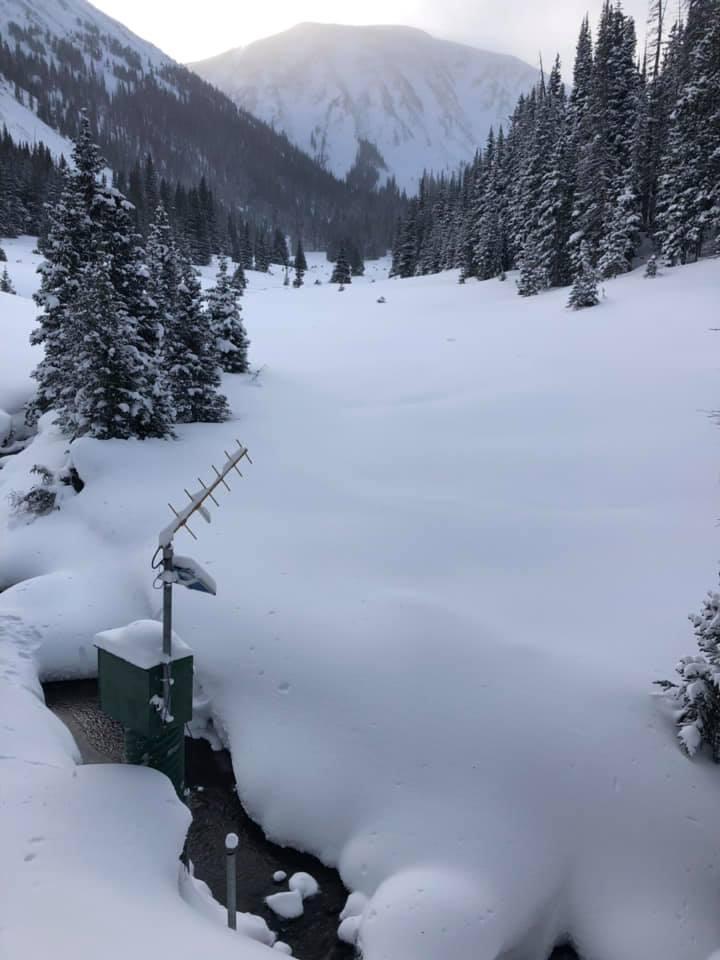 Photo of a USGS streamgage covered in snow
