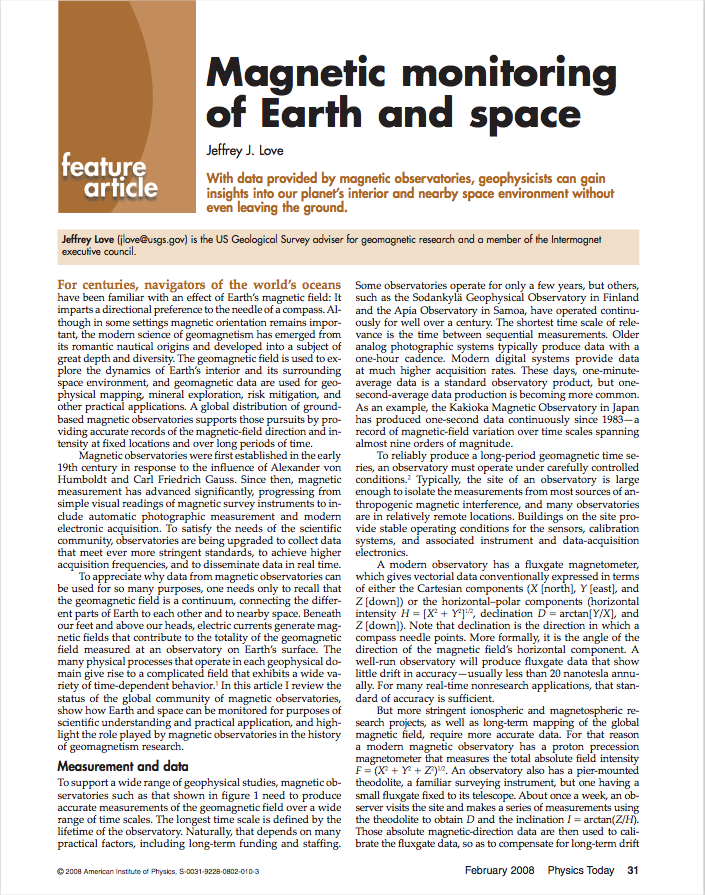 screenshot of first page of Magnetic Monitoring of Earth and space publication