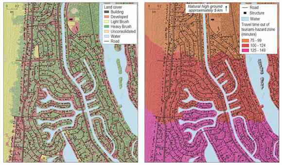 Landcover map (left) and pedestrian evacuation time estimate map (right) Ocean Shores, WA.