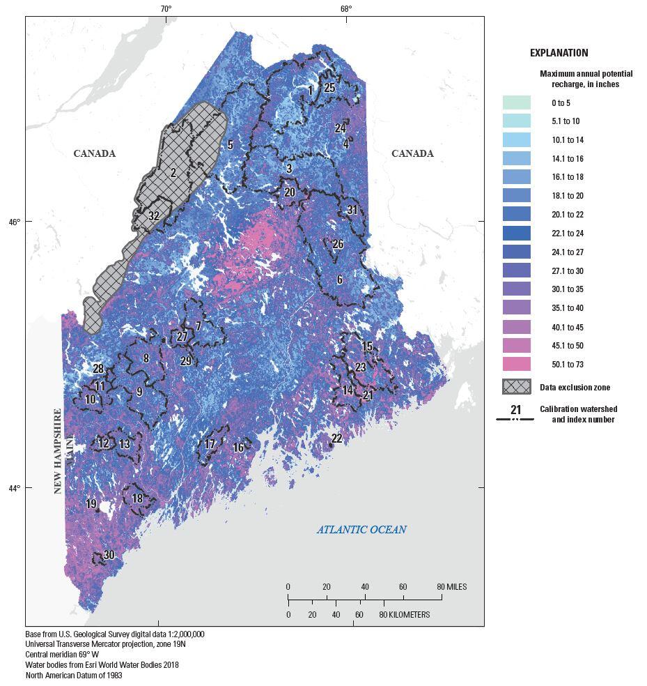 Maximum annual potential recharge to groundwater for Maine, 1991-2015
