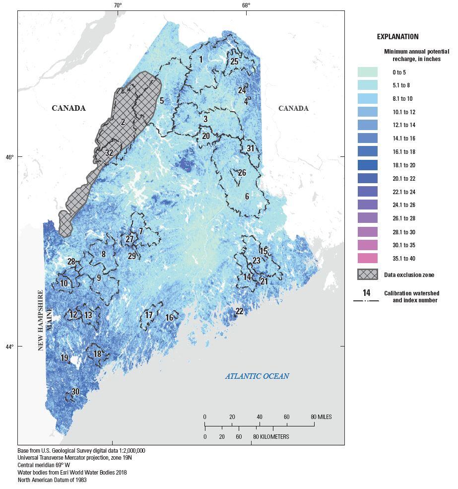 Minimum annual potential recharge to groundwater for Maine, 1991-2015