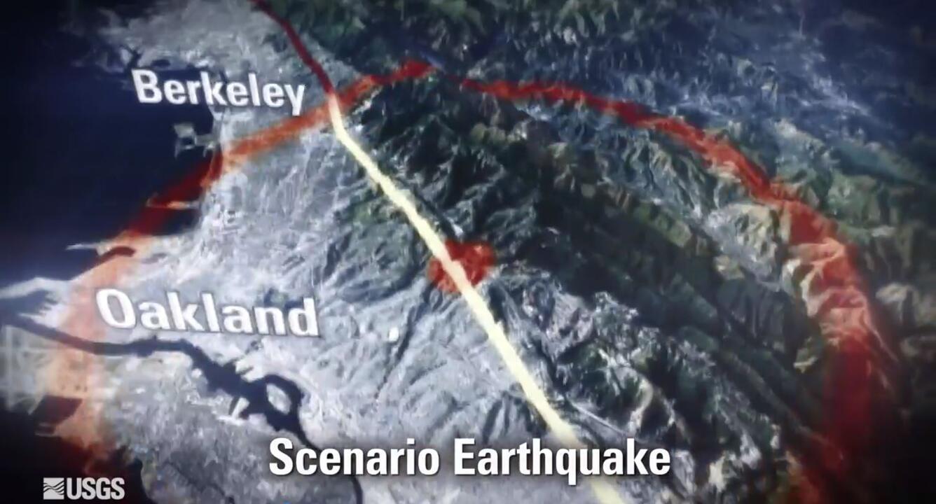 screenshot of part of movie showing fault near Oakland and Berkeley