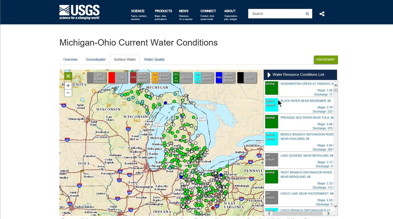 Image of Michigan and Ohio's Current Water Conditions website