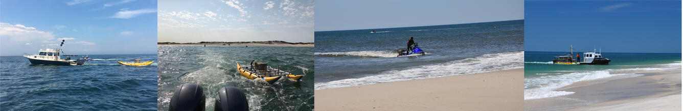 Photo collage of the nearshore area of Fire Island showing researchers in the field