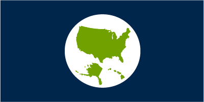 White circle with map of contiguous US, Alaska, and Hawaii in green