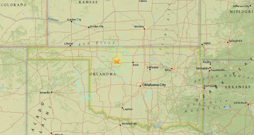 Map showing epicenter of 5.1 Oklahoma earthquake on Feb 13th