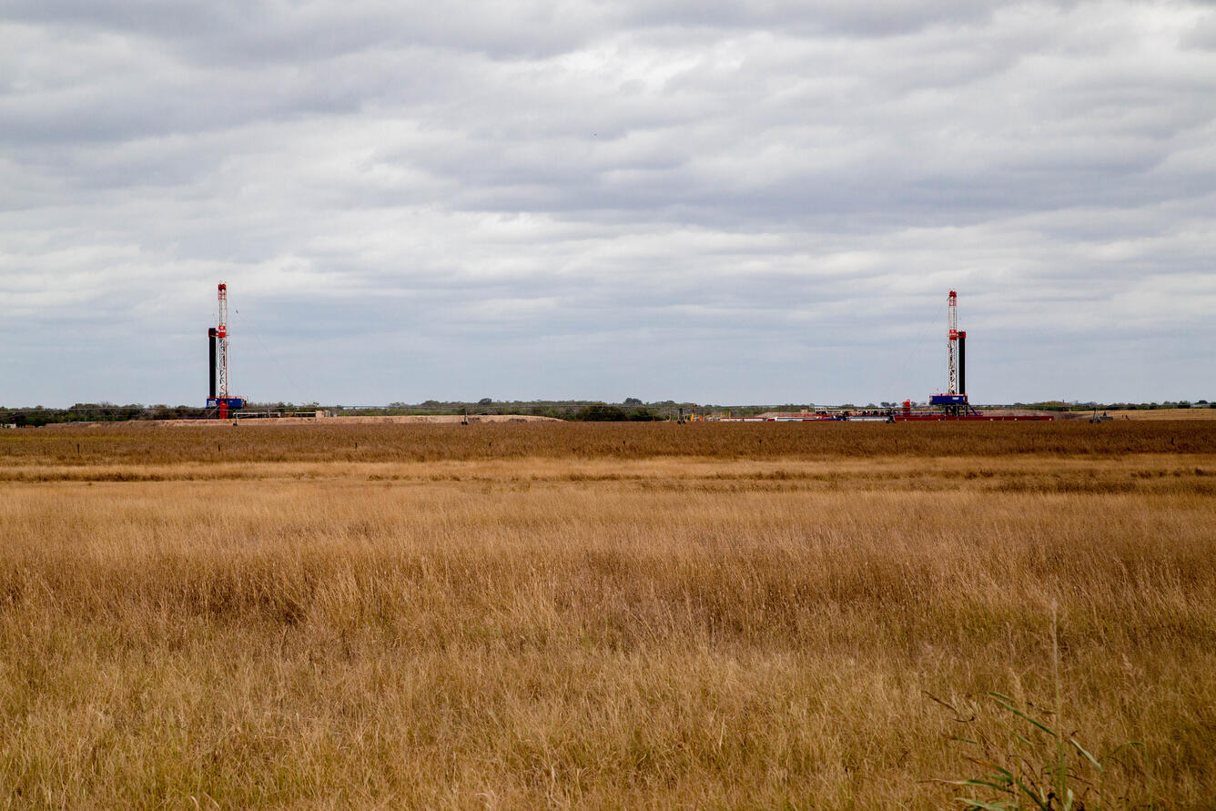 Oil and natural-gas drilling rigs near Runge, Texas
