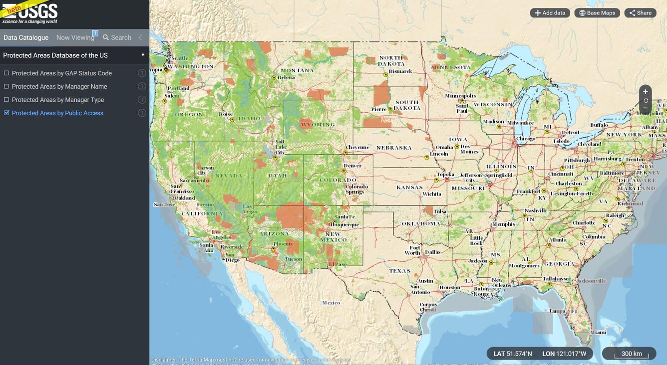 : Screen shot of the updated Protected Areas Database of the U.S. geodatabase viewer, showing the “Protected Areas by Public Acc