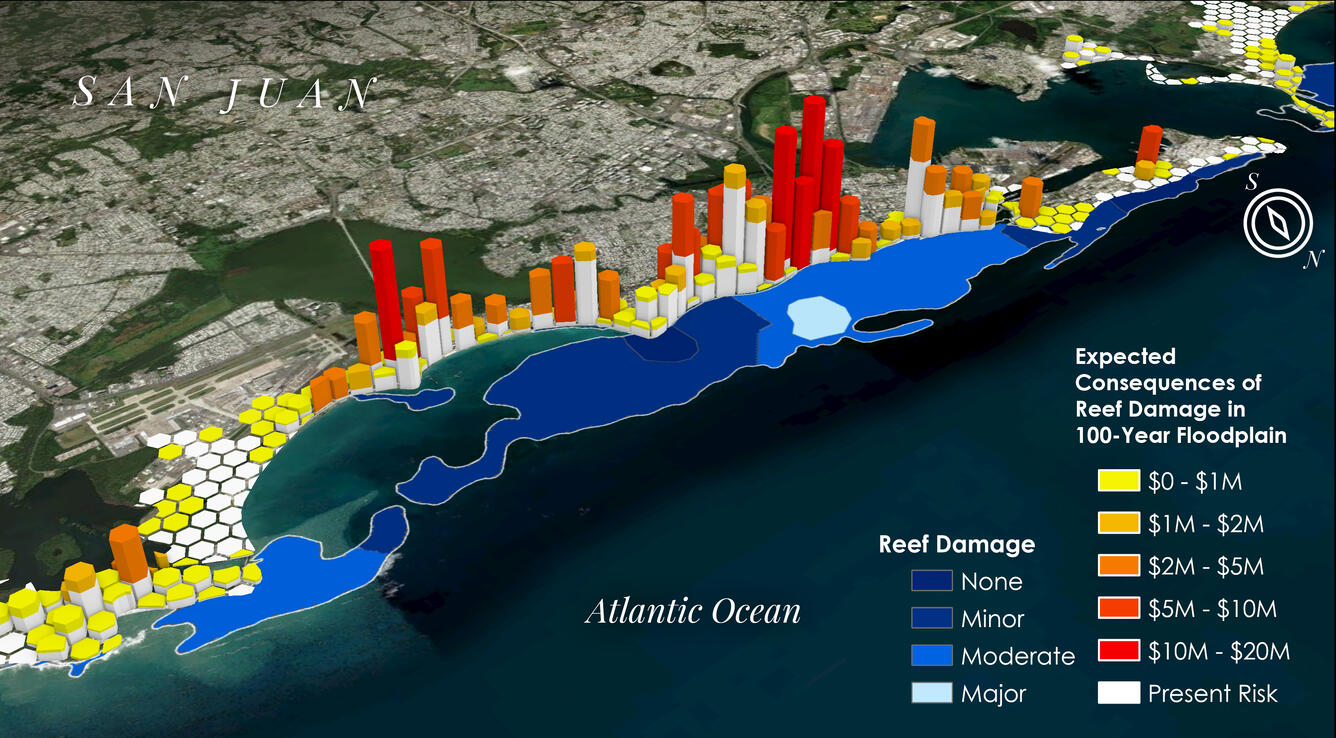 Coastline with data plotted on top to quantify the amount of damage caused by hurricanes.