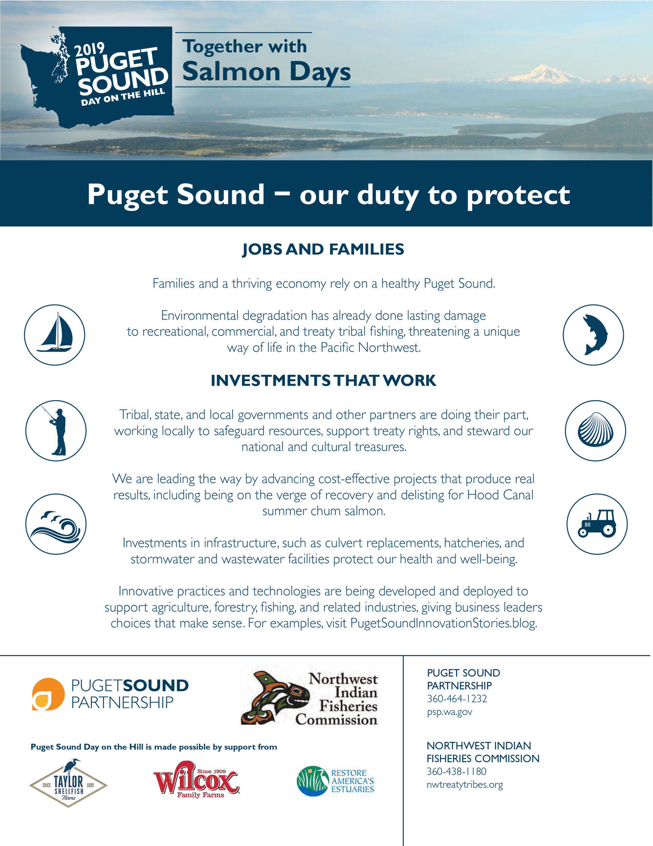 A page of text and images with a photo across the top, and other icons and text that describe the effort to protect Puget Sound.