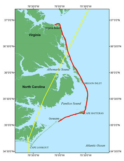 Map of the coast of North Carolina and Virginia. Land is green, water is blue, hurricane path is yellow, and flight path is red