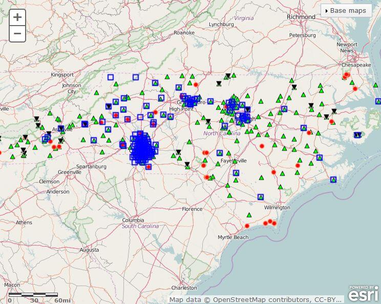 Map of North Carolina real-time water data monitoring sites