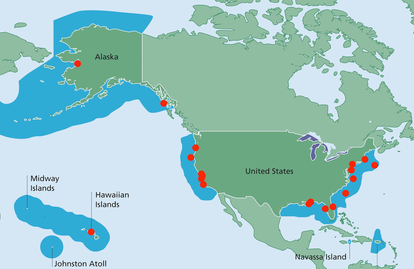 Map shows North America with dots on all coastal locations where we have done field work in September 2018