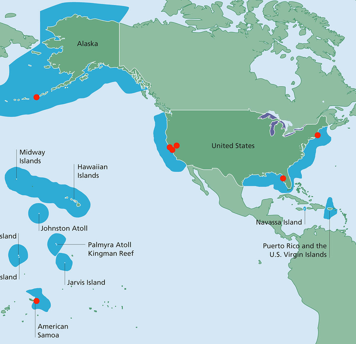 Map shows North America plus Caribbean and Pacific Ocean islands with dots placed in field study locations.