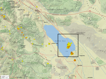 map showing Salton Sea area with circles as earthquakes