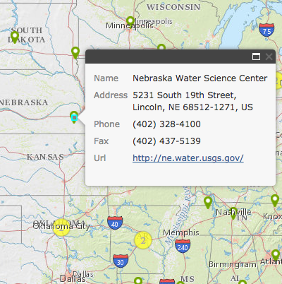 Screen shot of USGS Locations page
