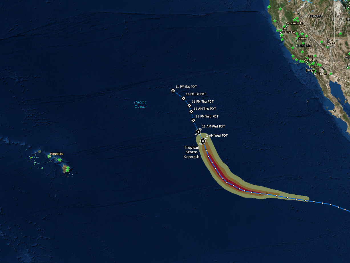 Screenshot of hurricane path on a map east of Hawaii
