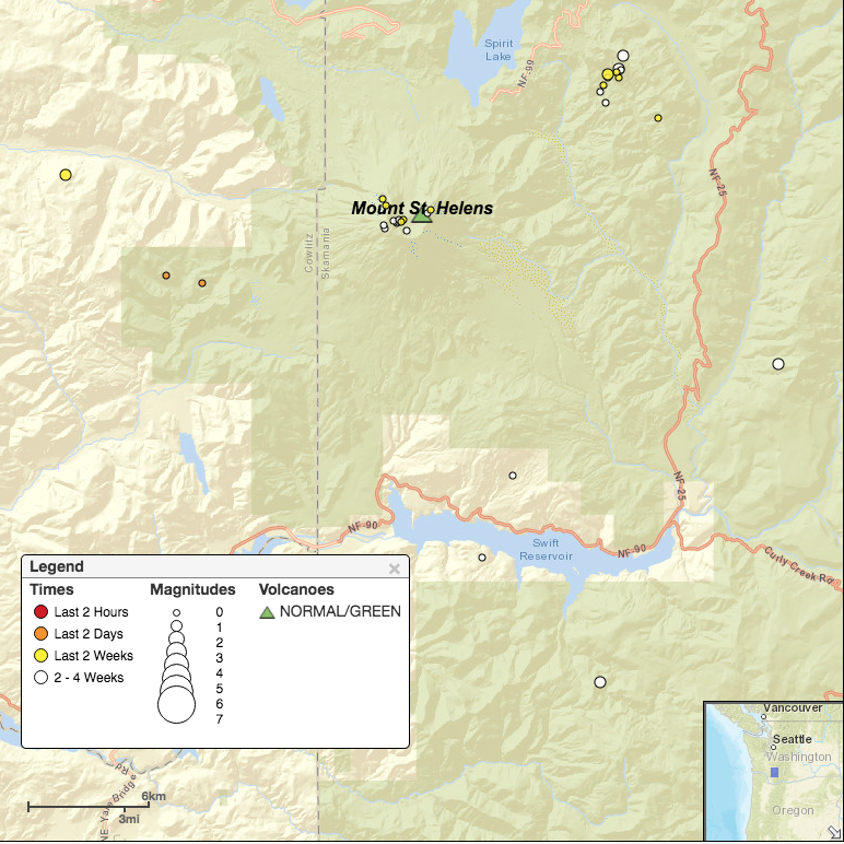 Screenshot of map showing earthquake information and volcanoes in Mount St. Helens area