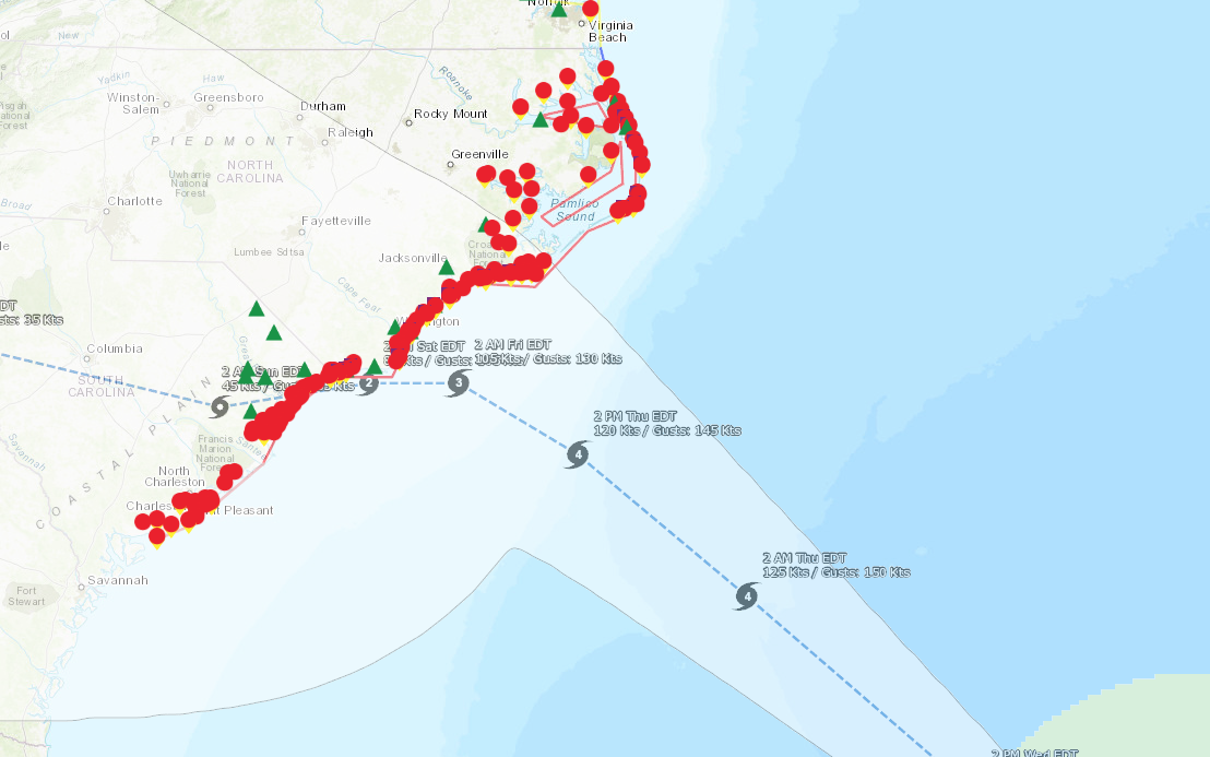 Map showing approximate predicted location of Florence with streamgage sensor locations.