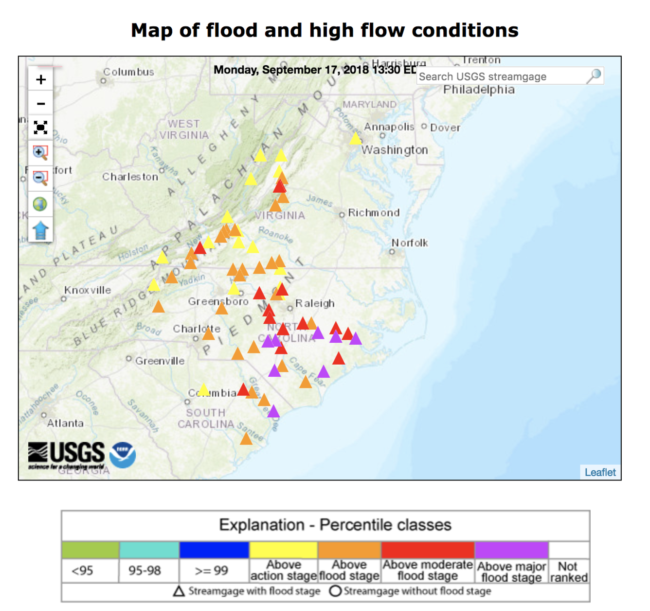 Image shows a screenshot of the USGS WaterWatch Webmap of High and Low Flow Conditions in the Carolinas