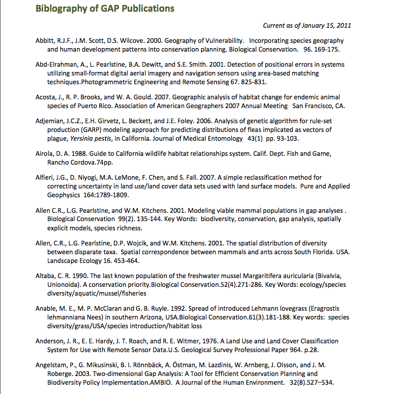 Screenshot of Biblography of GAP Publications