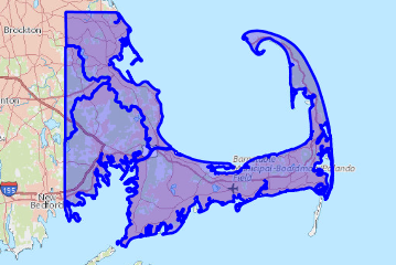 Screenshot of the map showing Cape Cod part of Massachusetts