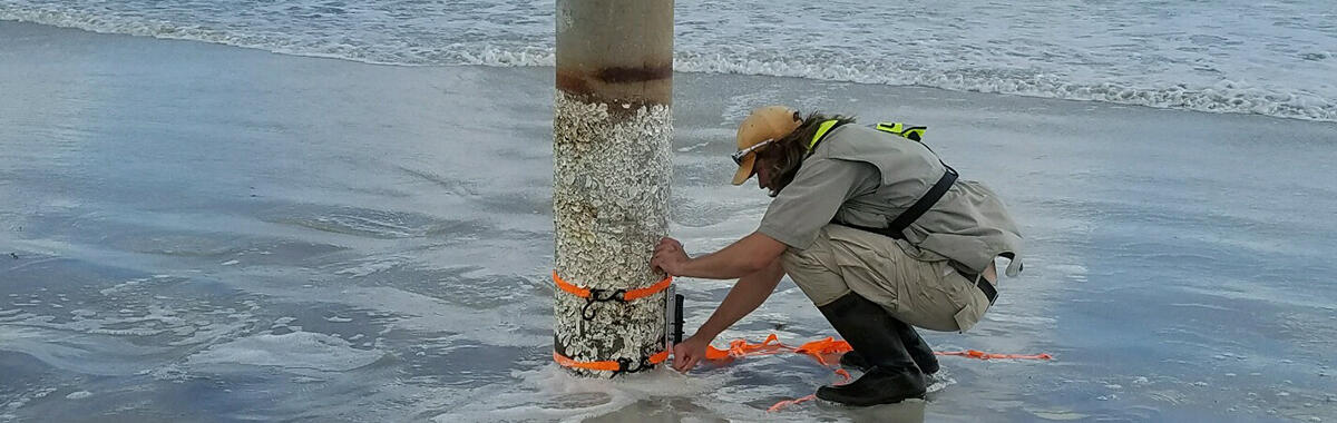 A USGS hydrologist installs a storm-tide sensor in preparation for Hurricane Matthew. 