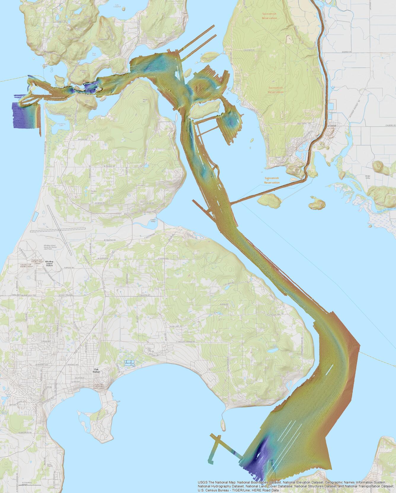 Illustrative map of an ocean bay that shows depth of the water in places where depth data has been collected.