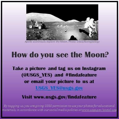 This image shows a photo of an astronaut on the Moon and text about the Find-A-Feature Challenge.