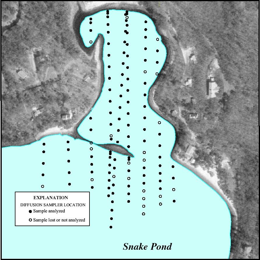 Location of diffusion samplers in Snake Pond, Cape Cod, Massachusetts used to delineate contaminated ground-water discharge area