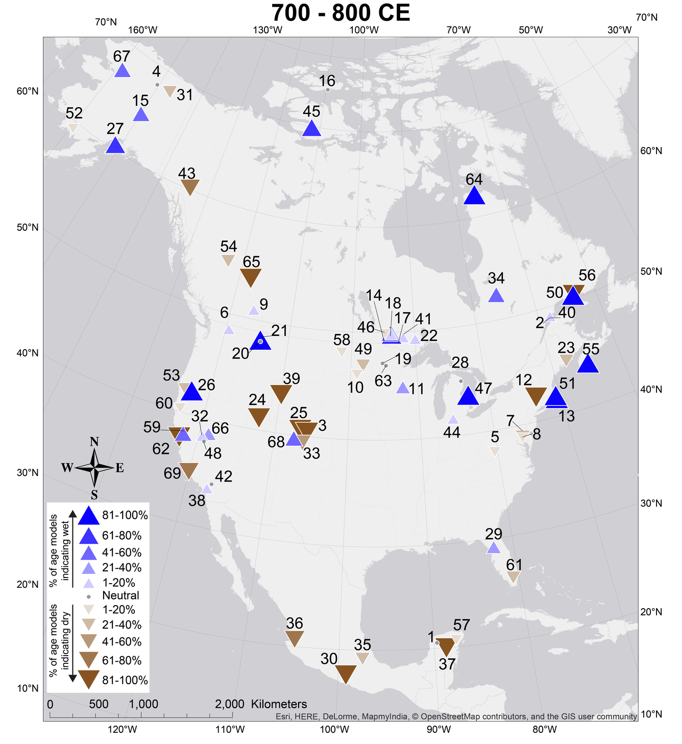 A map of centennial-scale hydroclimate anomalies during the Common Era, data points center mostly in Northern America