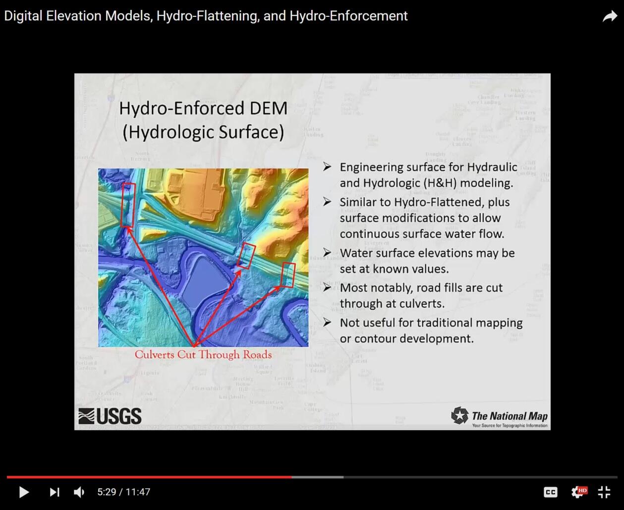 Screen shot, example of The National Map YouTube Video: Digital Elevation Models, Hydro-Flattening and Hydro-Enforcement.